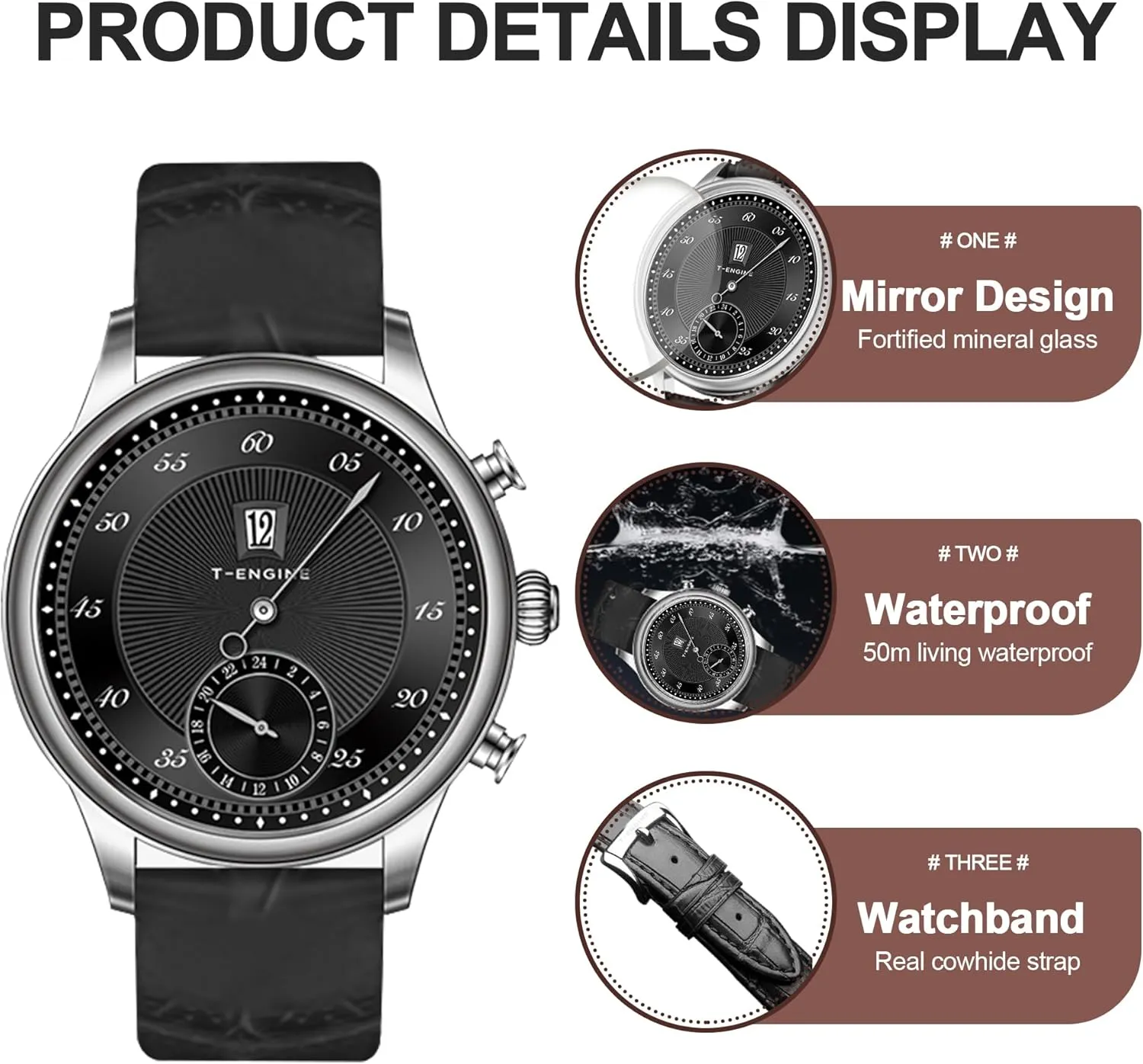 Business cardiac Work Sport Casual Dress Men's Wrist Watches Elegant Gift for Men T-ENGINE Watches for Men Quartz 50M Waterproof with Leather Band,Big 43MM Face Mens Watches 
