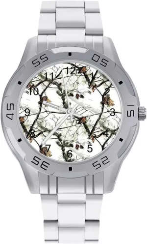 Business Watches for Men Easy Reader Work Casual Watch flee Winter Tree Camouflage Stainless Steel Metal Strap Simple 