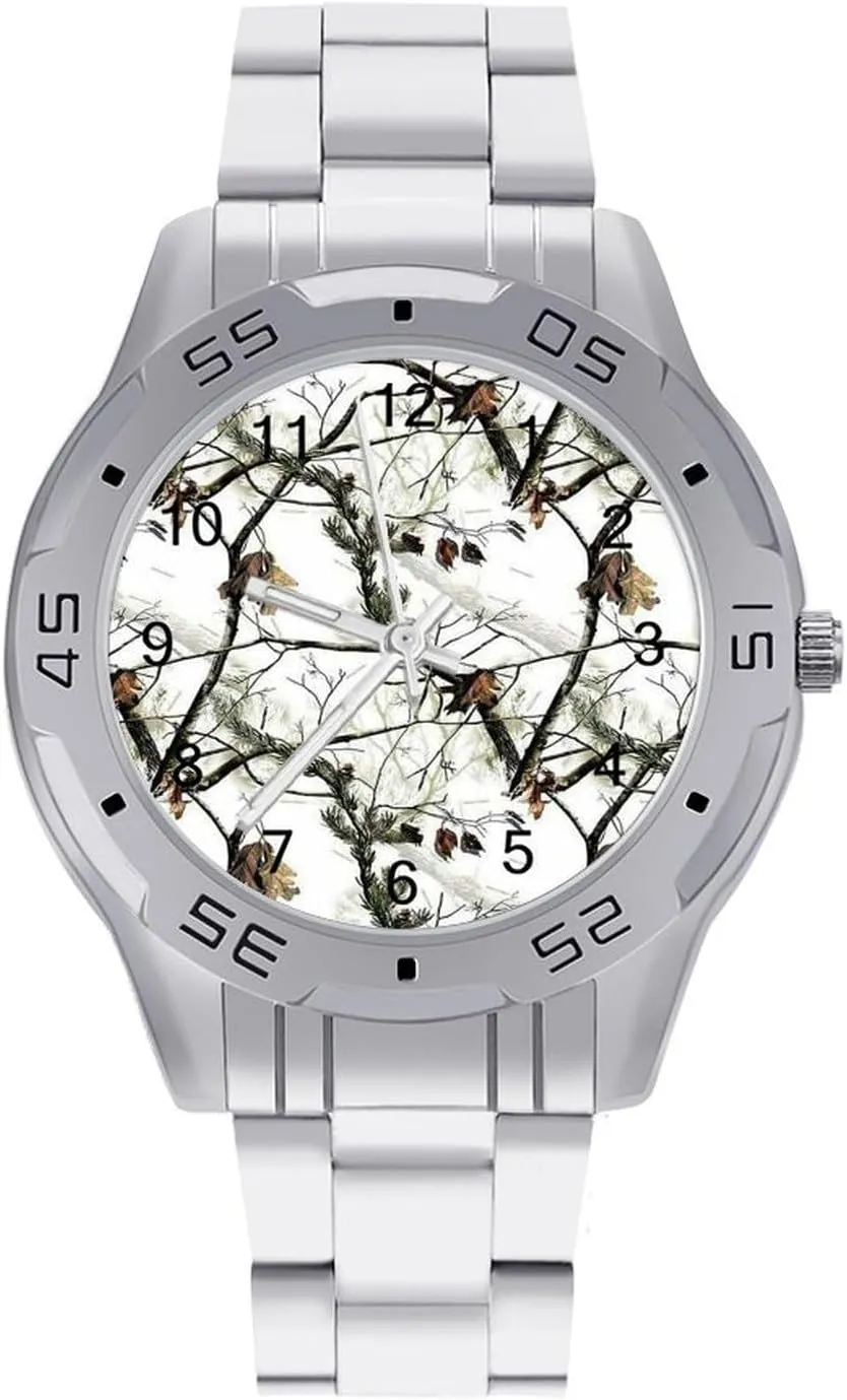 Business Watches for Men Easy Reader Work Casual Watch flee Winter Tree Camouflage Stainless Steel Metal Strap Simple 