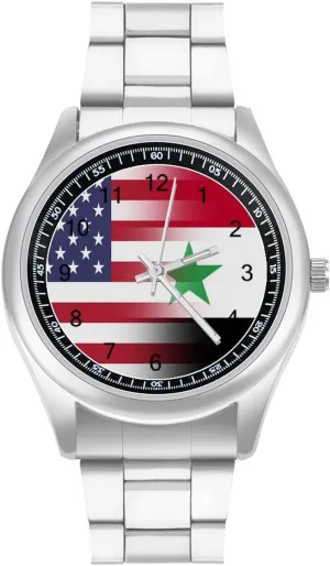 Business Watches for Men Easy Reader Work verb Casual Watch U.S.A Syria Flag Stainless Steel Strap Simple 