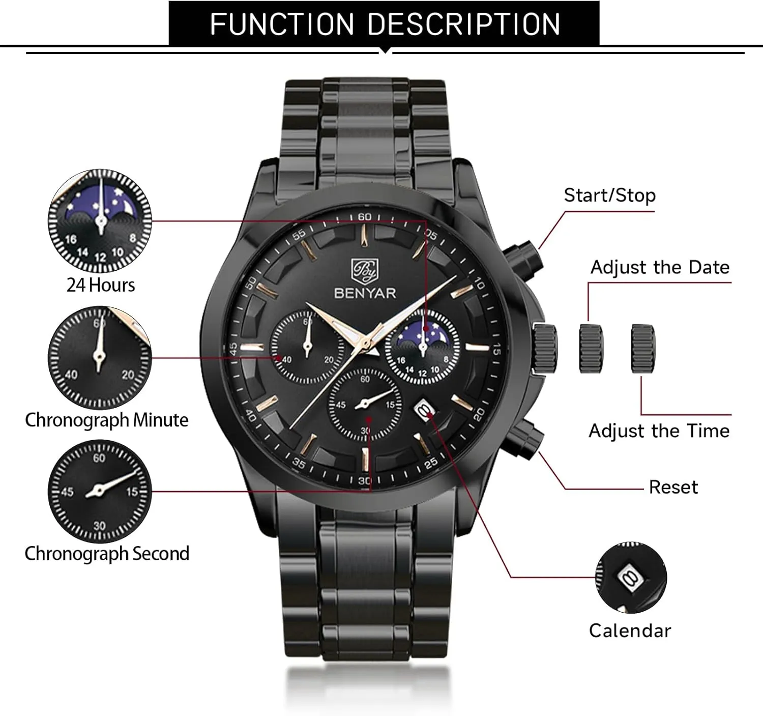 Business Work mania Casual Sport Designer Dress Watch with Calendar Elegant Gifts for Men BY BENYAR Mens Watches Analog Quartz Chronograph Waterproof Wrist Watches for Men Fashion 