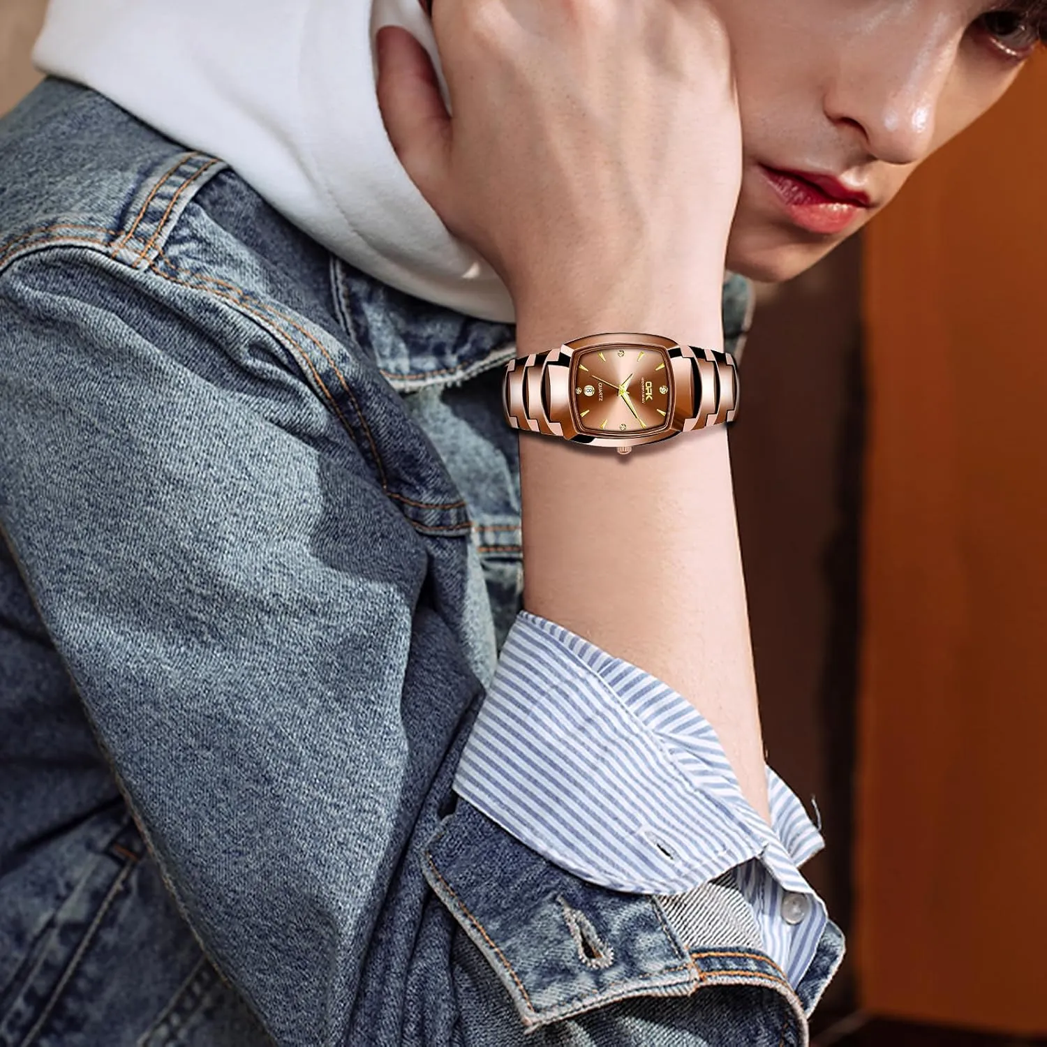 Calendar 3 ATM Waterproof Analog modicum turkey graze ending tribal Quartz Faux Tungsten Stainless Steel Bar Indices Removable Strap Luxury His and Hers Matching Wrist Watches JewelryWe Square Tunsten Couple Watches: Coffee 