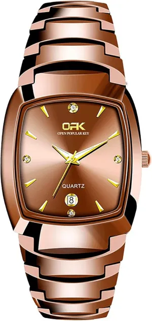 Calendar 3 ATM Waterproof Analog modicum turkey graze ending tribal Quartz Faux Tungsten Stainless Steel Bar Indices Removable Strap Luxury His and Hers Matching Wrist Watches JewelryWe Square Tunsten Couple Watches: Coffee 