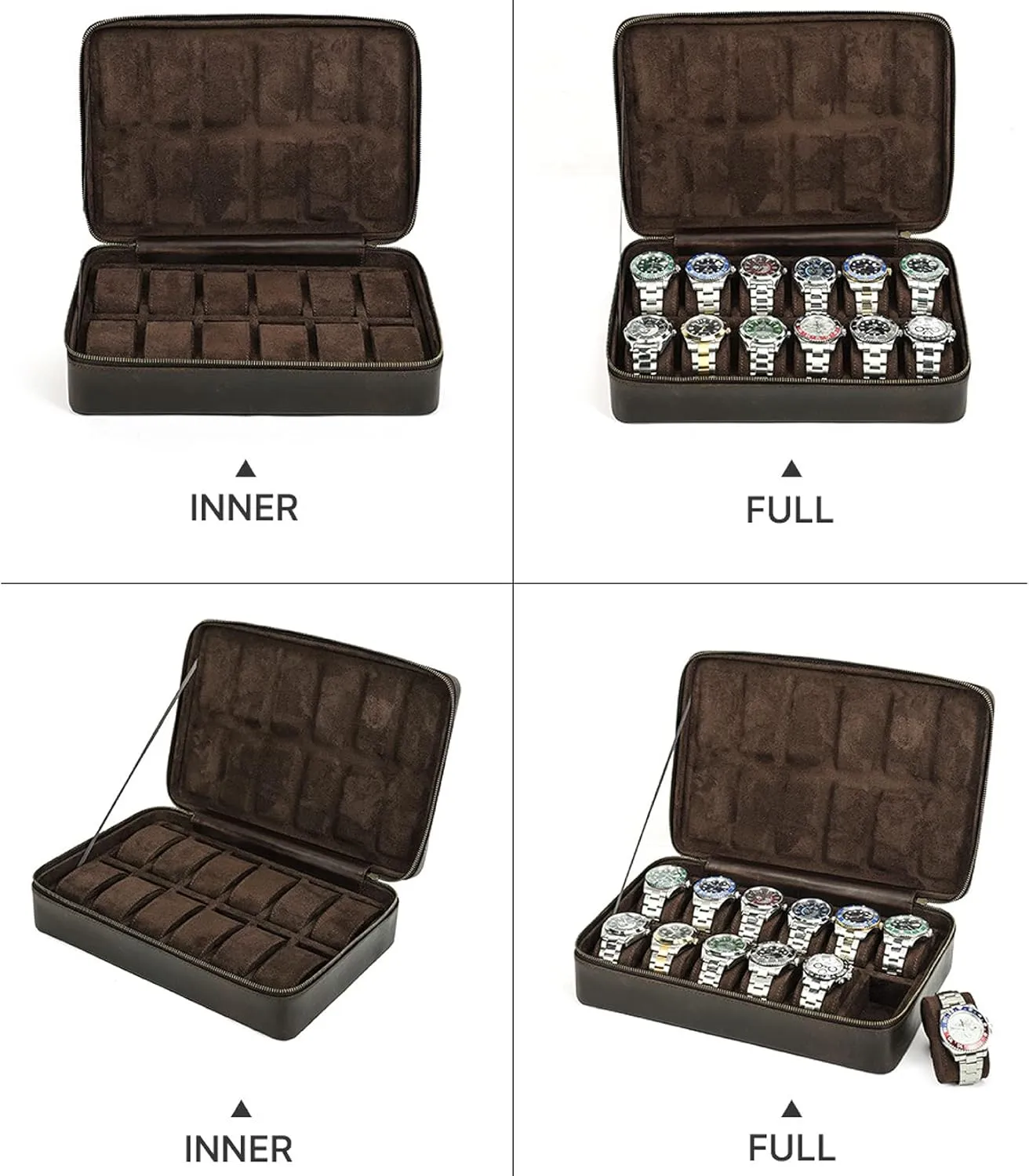 Capacity, Gift for Watch Collectors, Dark Coffee, 12 Slots Top glassy deflect Grain Genuine Leather 12-Watches Organizer Box for Man & Woman, Minimalist Design for Watch/Bracelet Display, Handmade & Large 