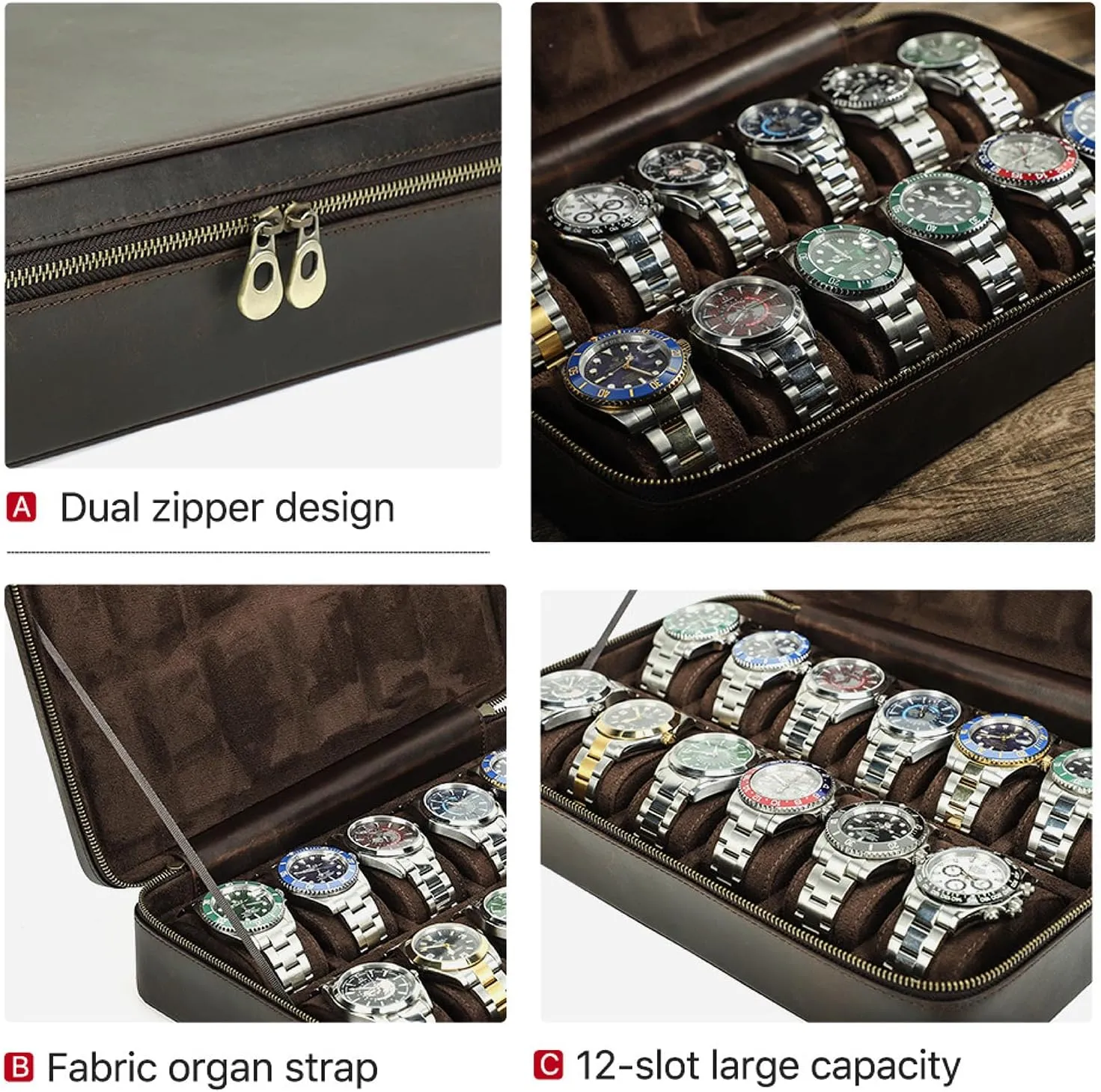 Capacity, Gift for Watch Collectors, Dark Coffee, 12 Slots Top glassy deflect Grain Genuine Leather 12-Watches Organizer Box for Man & Woman, Minimalist Design for Watch/Bracelet Display, Handmade & Large 