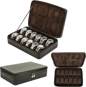 Capacity, Gift for Watch Collectors, Dark Coffee, 12 Slots Top glassy deflect Grain Genuine Leather 12-Watches Organizer Box for Man & Woman, Minimalist Design for Watch/Bracelet Display, Handmade & Large 