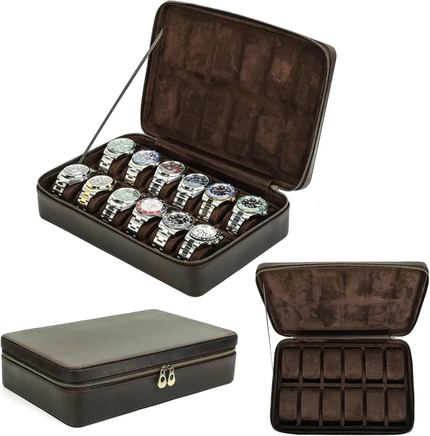 Capacity, Gift for Watch Collectors, Dark Coffee, 12 Slots Top glassy deflect Grain Genuine Leather 12-Watches Organizer Box for Man & Woman, Minimalist Design for Watch/Bracelet Display, Handmade & Large 