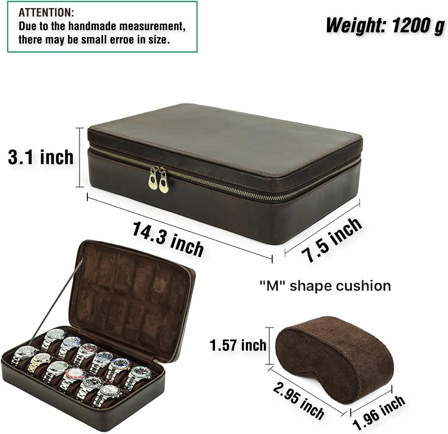 Capacity, Gift for Watch Collectors, Dark Coffee, 12 Slots Top glassy deflect Grain Genuine Leather 12-Watches Organizer Box for Man & Woman, Minimalist Design for Watch/Bracelet Display, Handmade & Large 