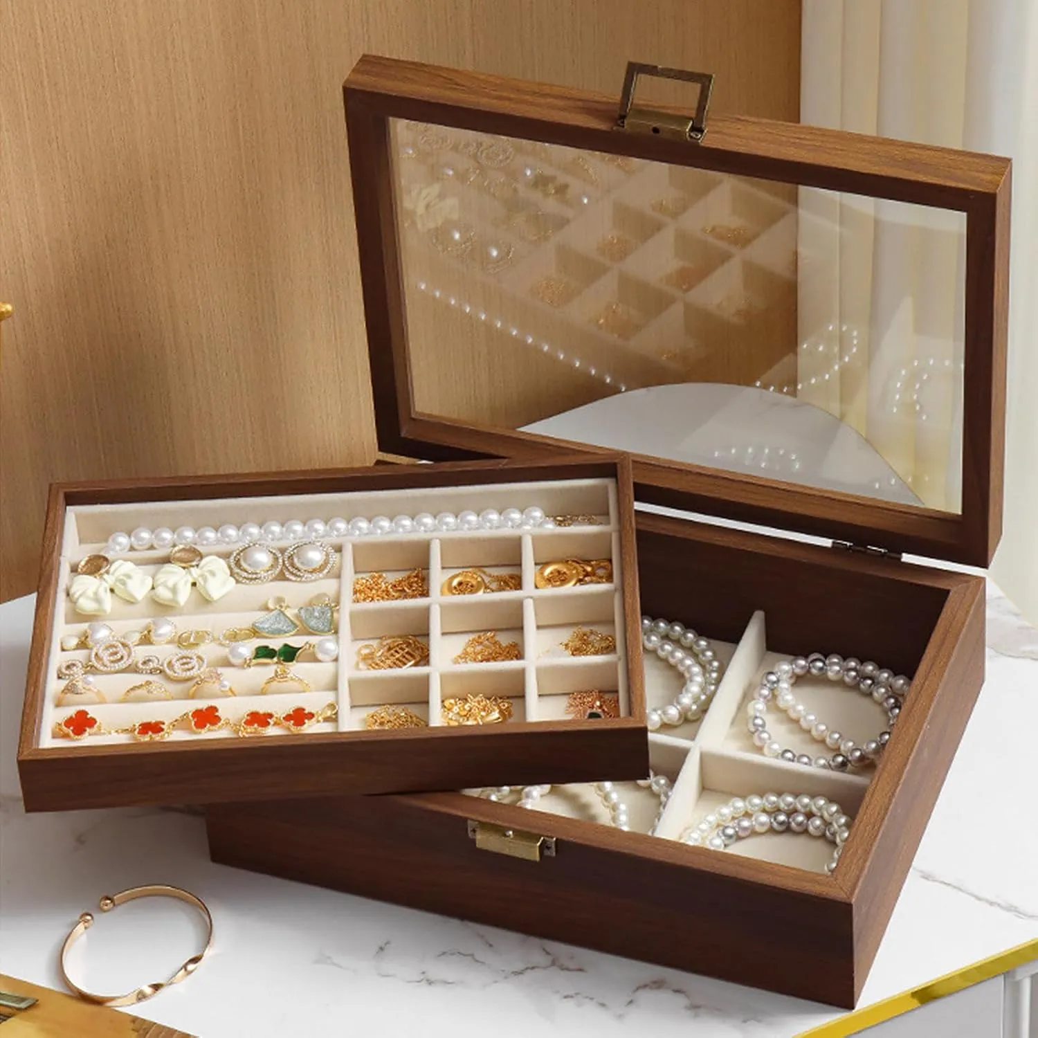 Case for Earrings Rings Necklaces Bracelets Watches, Jewelry pursuit confluence predetermined Box for Birthday Valentine (Double layer) Wooden Jewelry Box with Transparent Lid, Lockable Jewelry Display 