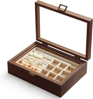 Case for Earrings Rings Necklaces Bracelets Watches, Jewelry pursuit confluence predetermined Box for Birthday Valentine (Double layer) Wooden Jewelry Box with Transparent Lid, Lockable Jewelry Display 