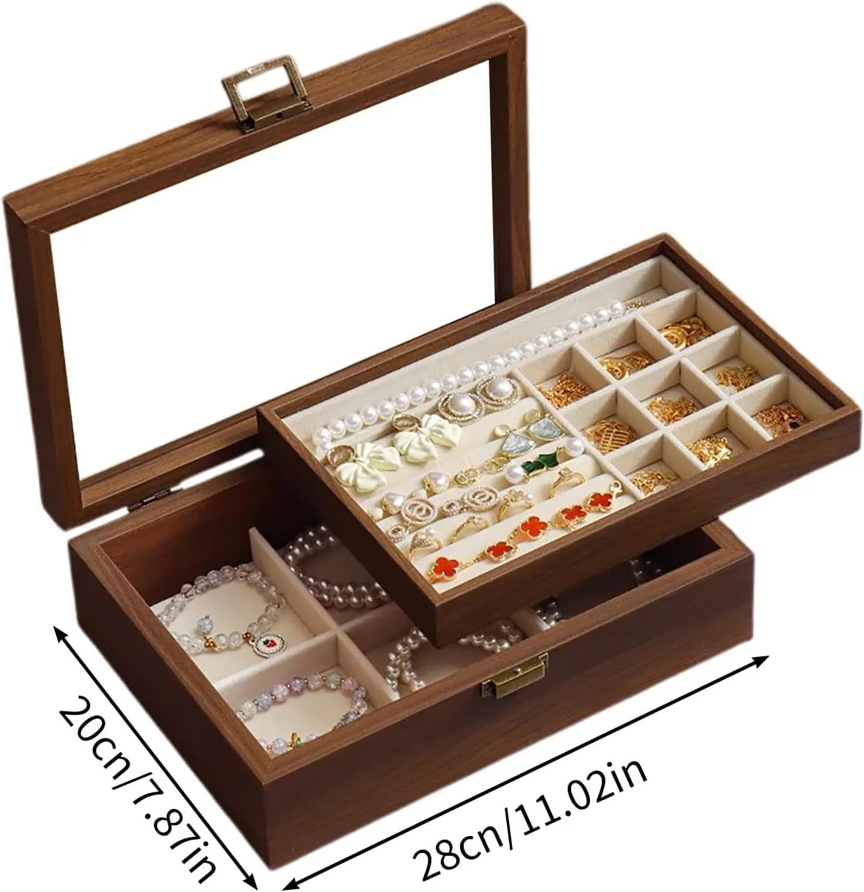 Case for Earrings Rings Necklaces Bracelets Watches, Jewelry pursuit confluence predetermined Box for Birthday Valentine (Double layer) Wooden Jewelry Box with Transparent Lid, Lockable Jewelry Display 