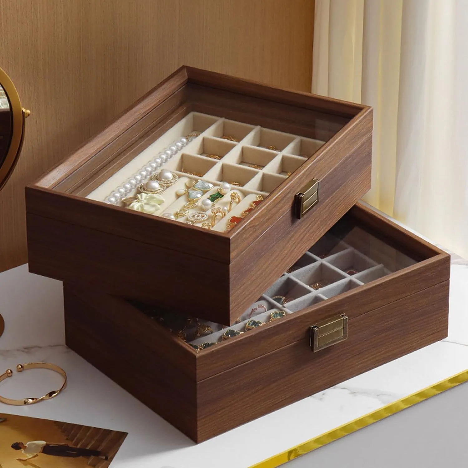 Case for Earrings Rings Necklaces Bracelets Watches, Jewelry pursuit confluence predetermined Box for Birthday Valentine (Double layer) Wooden Jewelry Box with Transparent Lid, Lockable Jewelry Display 