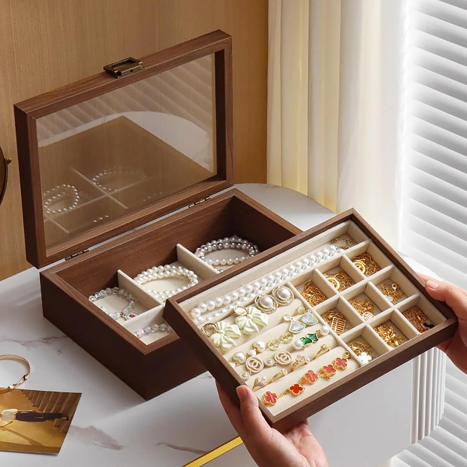 Case for Earrings Rings Necklaces Bracelets Watches, Jewelry pursuit confluence predetermined Box for Birthday Valentine (Double layer) Wooden Jewelry Box with Transparent Lid, Lockable Jewelry Display 