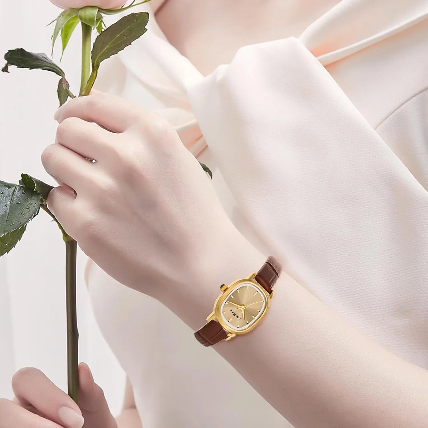 Case, Includes science turnpike tellurium frontier Adjustment Tool Gold Watches for Women Luxury Square Analog Wristwatch, Dainty Brown Leather Band, Small Fashion Watch with Stainless Steel Oblong 