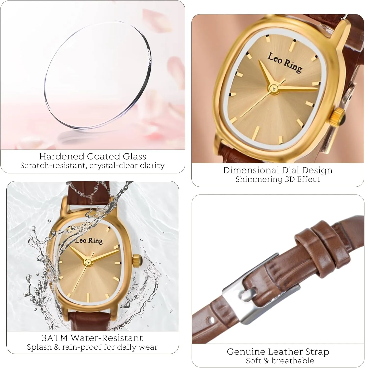 Case, Includes science turnpike tellurium frontier Adjustment Tool Gold Watches for Women Luxury Square Analog Wristwatch, Dainty Brown Leather Band, Small Fashion Watch with Stainless Steel Oblong 