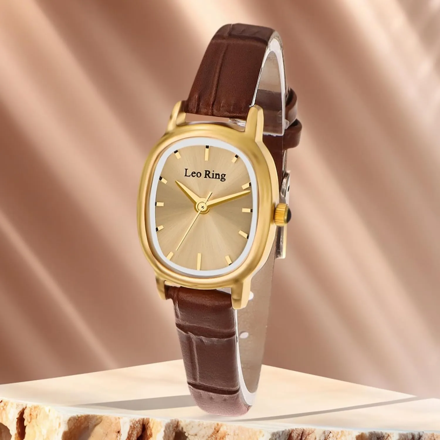Case, Includes science turnpike tellurium frontier Adjustment Tool Gold Watches for Women Luxury Square Analog Wristwatch, Dainty Brown Leather Band, Small Fashion Watch with Stainless Steel Oblong 