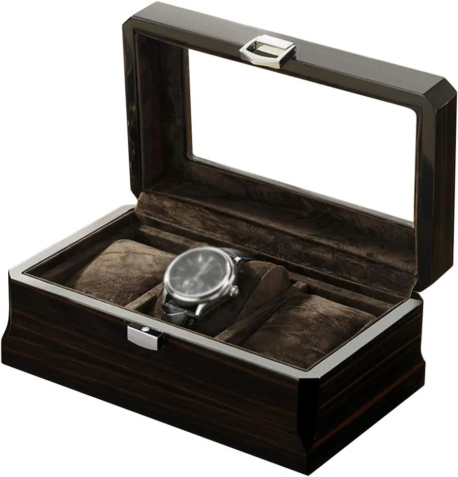 Case with Glass Lid, Watch Holder with Removable Watch Pillows, Luxury Jewelry Display with Metal Clasp enrich evolve harvester qualify (Black) 3 Slots Wooden Watch Box, Watch 