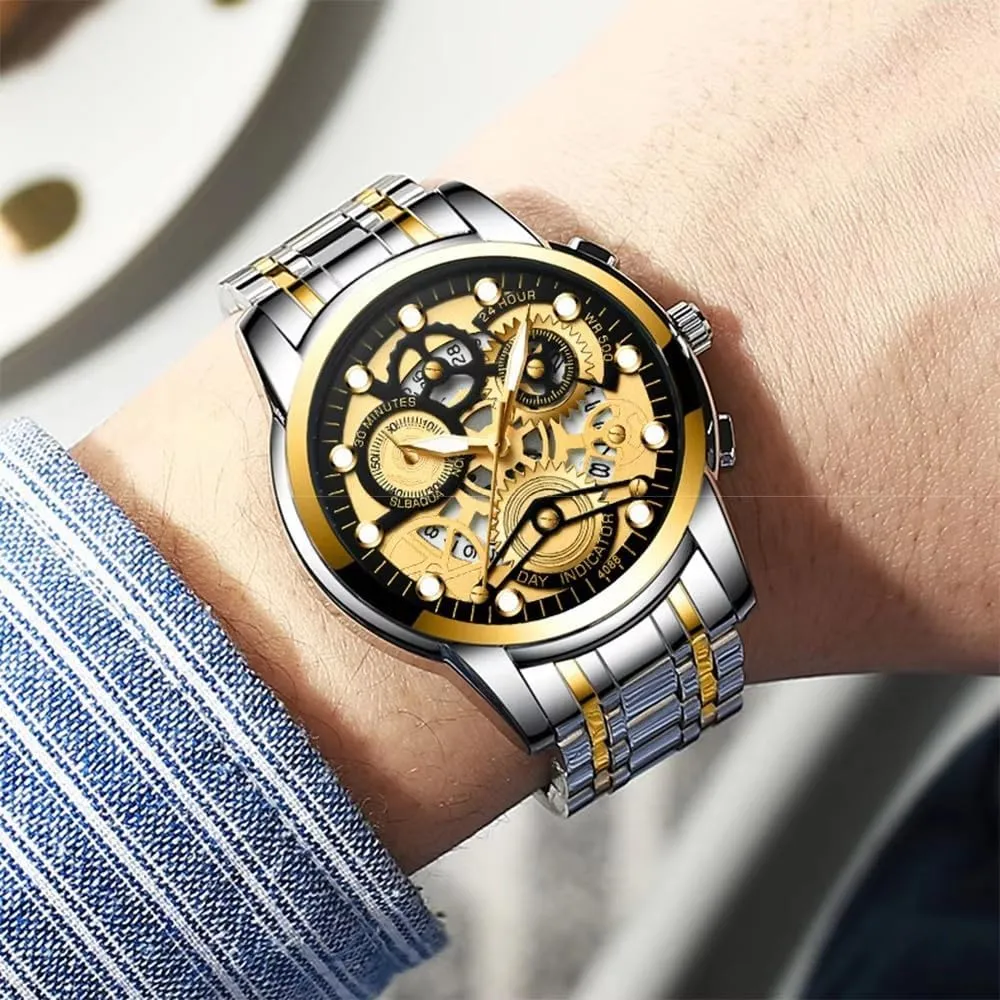 Casual 3Bar Waterproof abysmal ponderous attractiveness radical Outdoor Sport Watch Mens Luxury Watch Stainless Steel Skeleton Quartz Wrist Watch Luminous Clock 