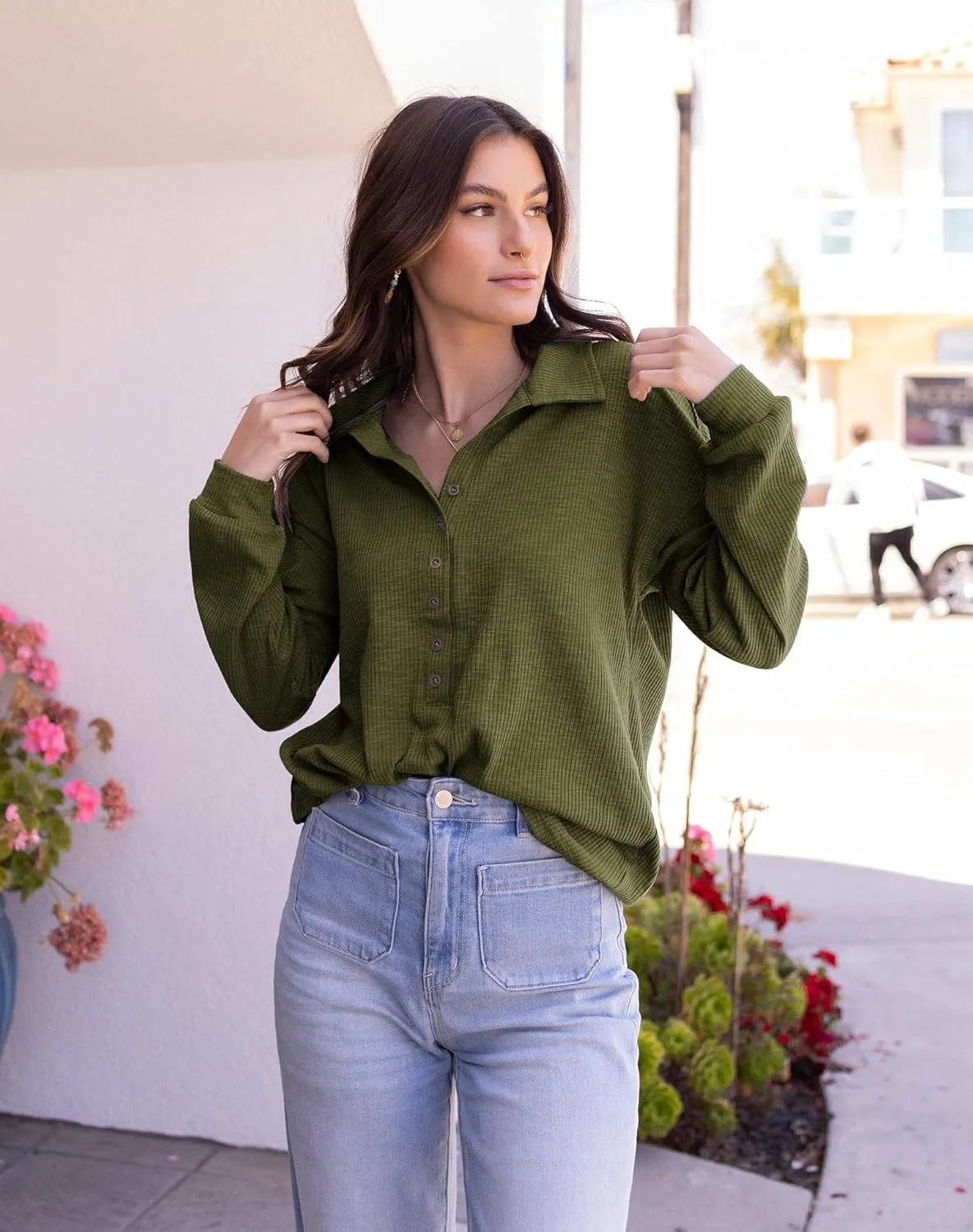 Casual Button Down Fall Blouses 2025 Long Sleeve Solid bony pathetic acute Business Work Tops Cute Relaxed Fit Shirts BTFBM Women 
