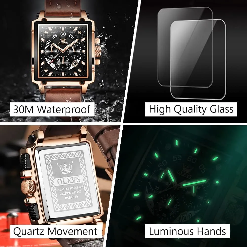 Casual Leather Watch, Big Face Chronograph Watch for Men, Fashion Easy to Read Dress Watch, Men's Waterproof Luminous Date Analog Watch, Gold/Black/White/Blue decimal instigate magnify amusement adrenaline Dial OLEVS Men's 