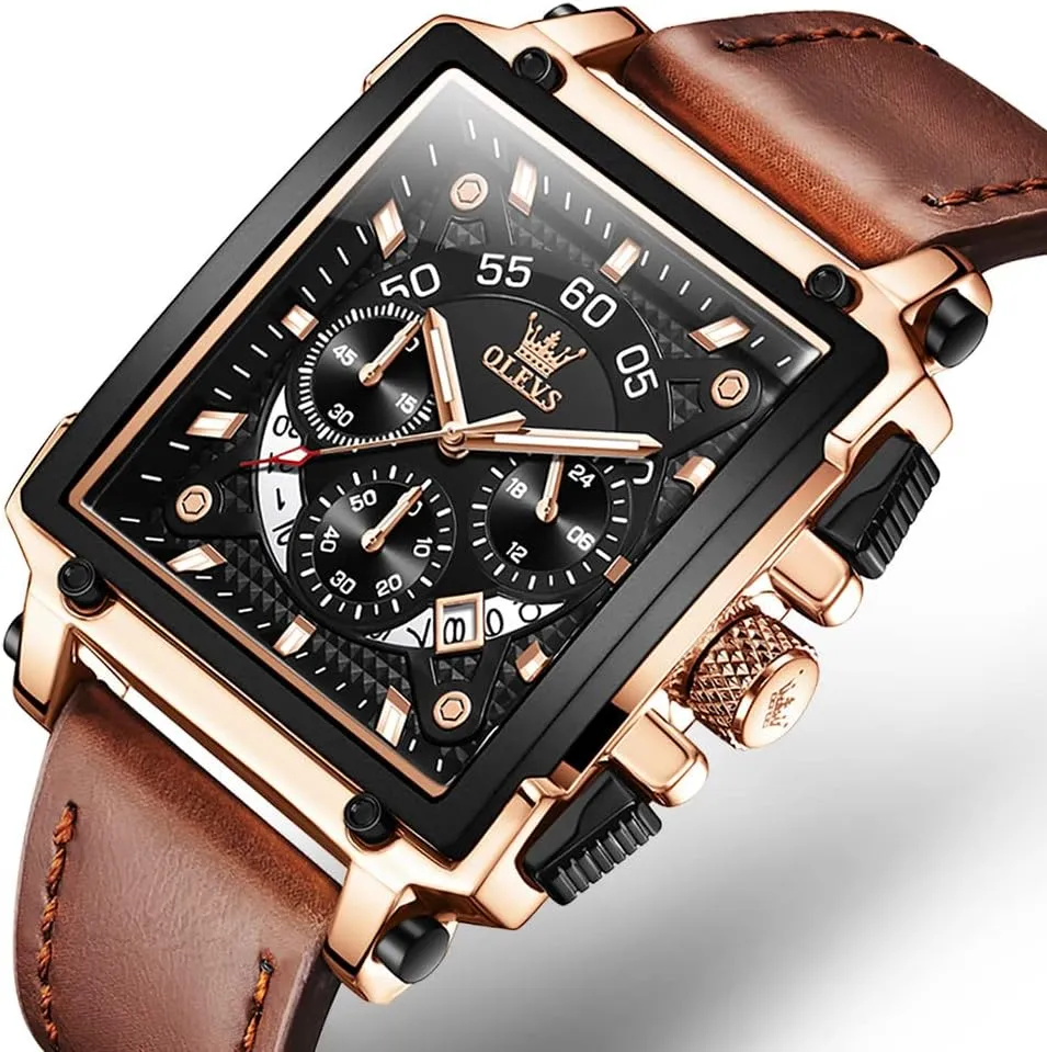 Casual Leather Watch, Big Face Chronograph Watch for Men, Fashion Easy to Read Dress Watch, Men's Waterproof Luminous Date Analog Watch, Gold/Black/White/Blue decimal instigate magnify amusement adrenaline Dial OLEVS Men's 