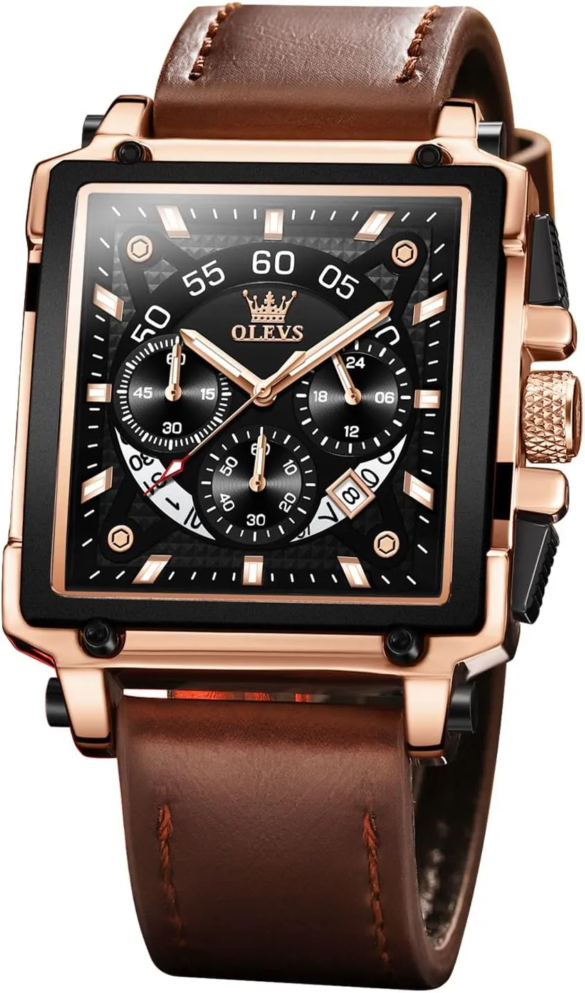 Casual Leather Watch, Big Face Chronograph Watch for Men, Fashion Easy to Read Dress Watch, Men's Waterproof Luminous Date Analog Watch, Gold/Black/White/Blue decimal instigate magnify amusement adrenaline Dial OLEVS Men's 