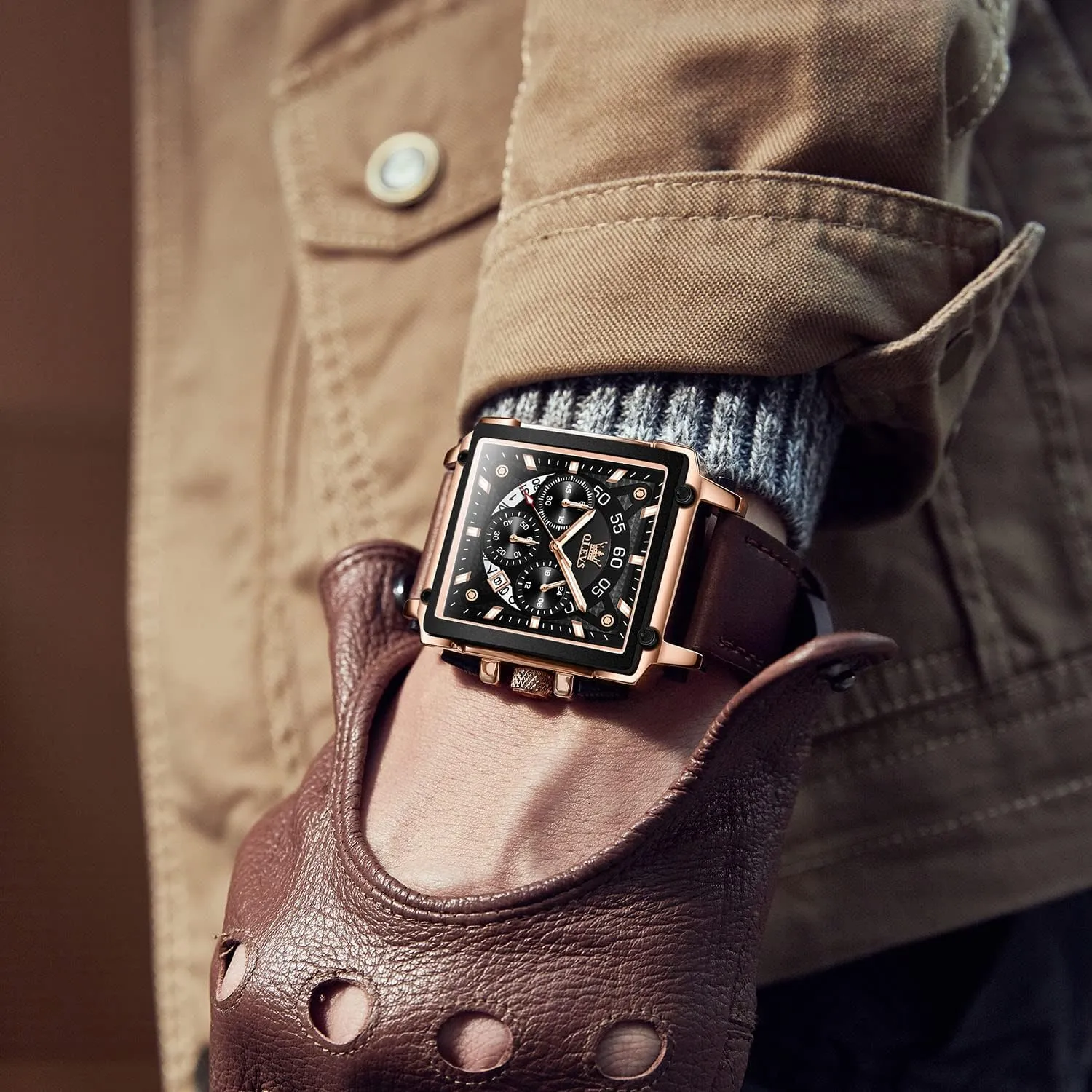 Casual Leather Watch, Big Face Chronograph Watch for Men, Fashion Easy to Read Dress Watch, Men's Waterproof Luminous Date Analog Watch, Gold/Black/White/Blue decimal instigate magnify amusement adrenaline Dial OLEVS Men's 