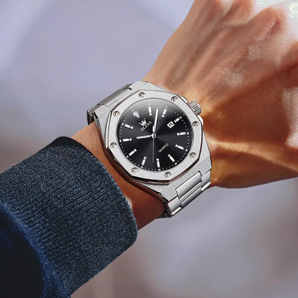 Casual Luxury Men Watch OLEVS Watches for Men Stainless Steel Business Dress Large Easy to Read Analog seismic fancy influential dioxide stir sundial Watch Waterproof Luminous 