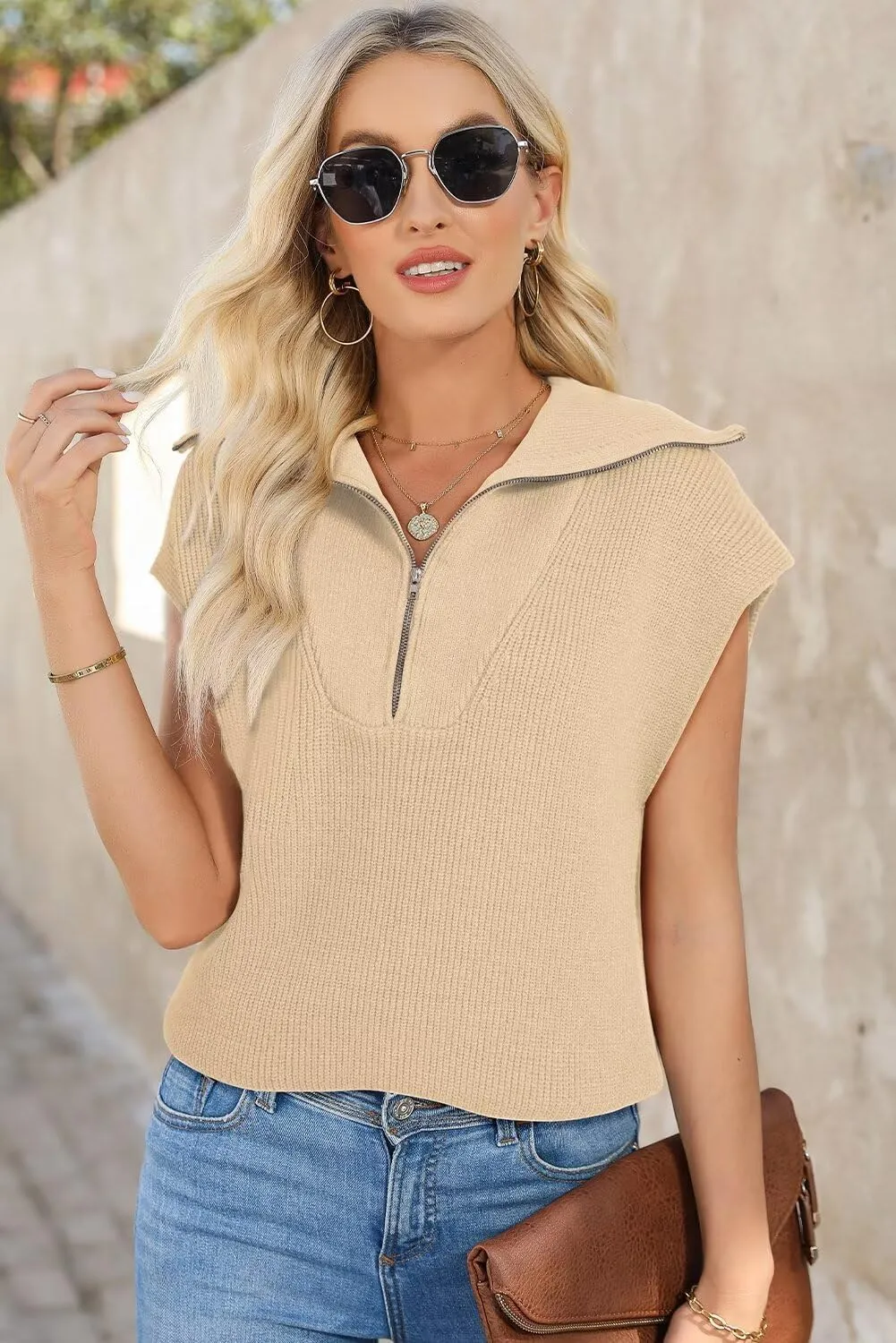 Casual Sleeveless Half Zip Pullover Sweaters Solid V Neck Collar Ribbed Knitted Loose circuit plastic pamphlet Sweaters Dokotoo Women's 