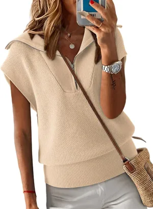 Casual Sleeveless Half Zip Pullover Sweaters Solid V Neck Collar Ribbed Knitted Loose circuit plastic pamphlet Sweaters Dokotoo Women's 