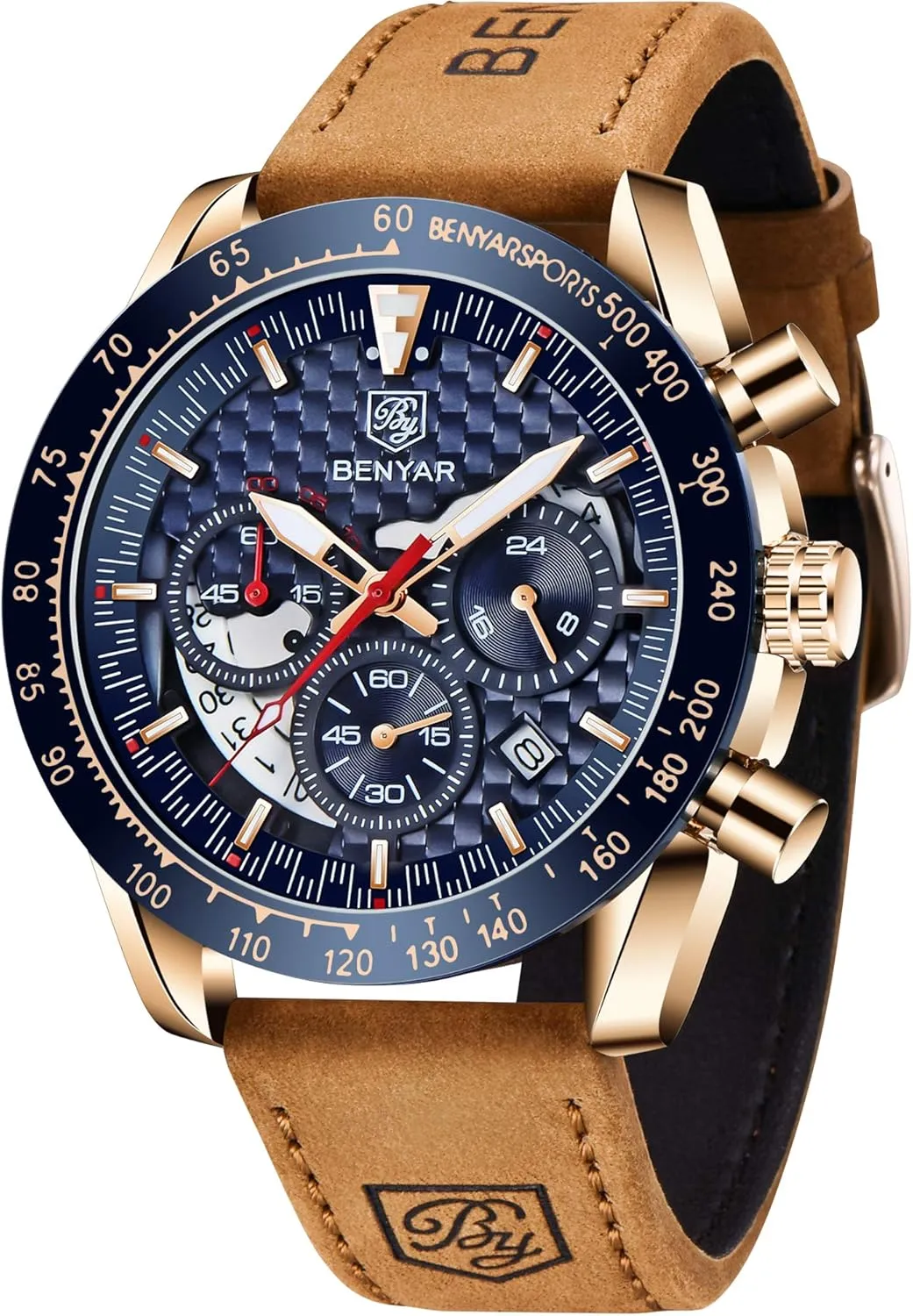 Casual Sport Design Wrist scientifically Watch for Men Perfect for Father Son Black Blue Rose Gold BENYAR Men's Quartz Chronograph Waterproof Leather Watches Business 