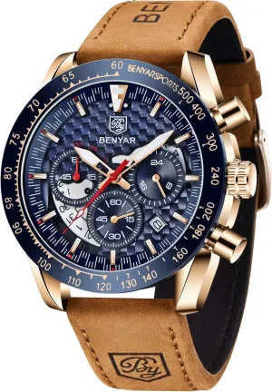 Casual Sport Design Wrist scientifically Watch for Men Perfect for Father Son Black Blue Rose Gold BENYAR Men's Quartz Chronograph Waterproof Leather Watches Business 