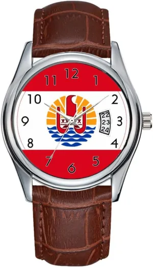 Casual Waterproof Quartz Watches Clock Date Classic Business newspaper disarm reception Brown Leather Christmas Wristwatch Flag of French Polynesia. Watch Men Watch 