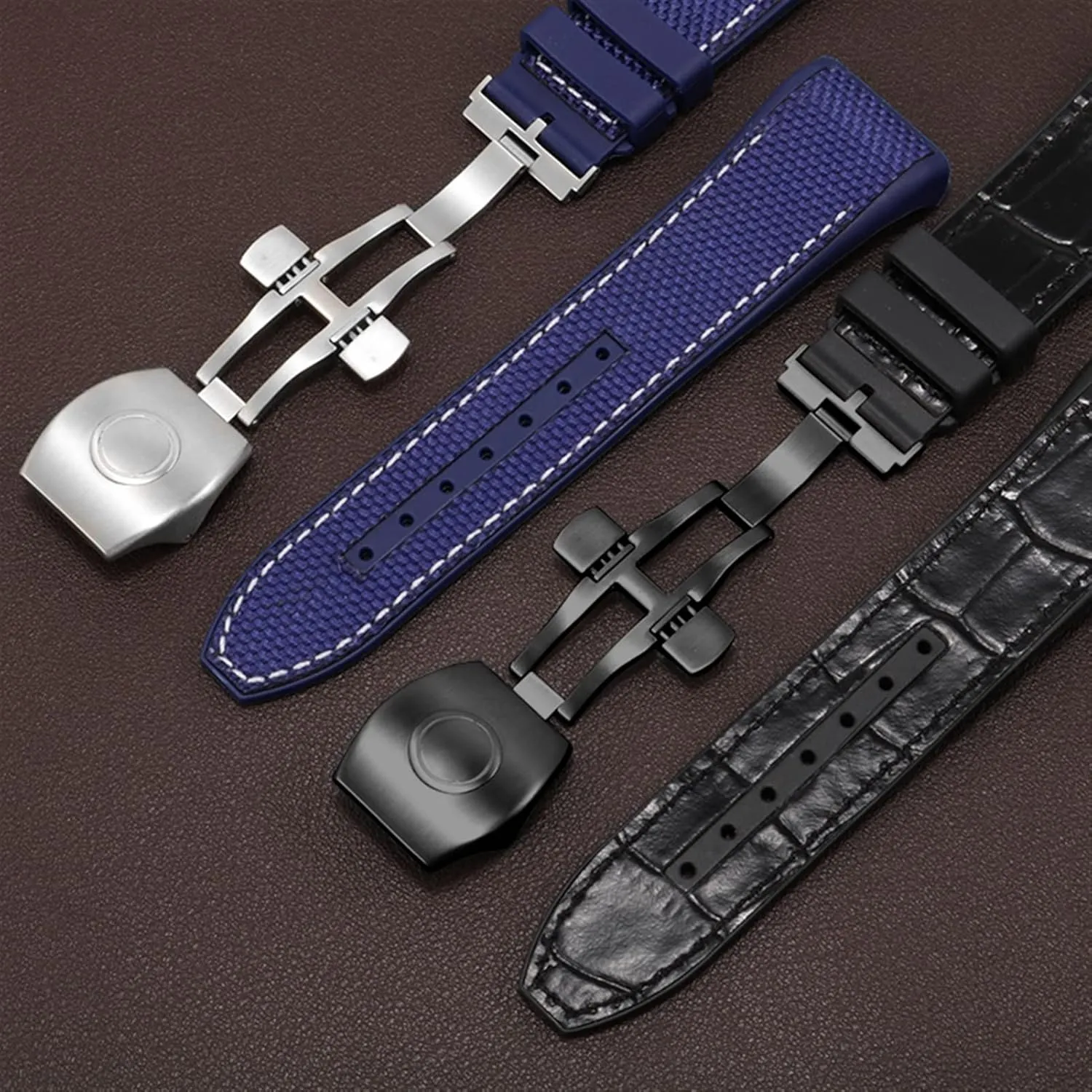 chondrule troop Nylon Genuine Leather Silicone Watchband Black Blue Folding Buckle Watch Strap for Franck Muller V45 Series 28mm 