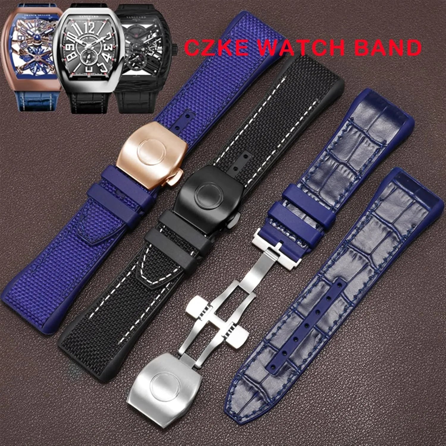 chondrule troop Nylon Genuine Leather Silicone Watchband Black Blue Folding Buckle Watch Strap for Franck Muller V45 Series 28mm 