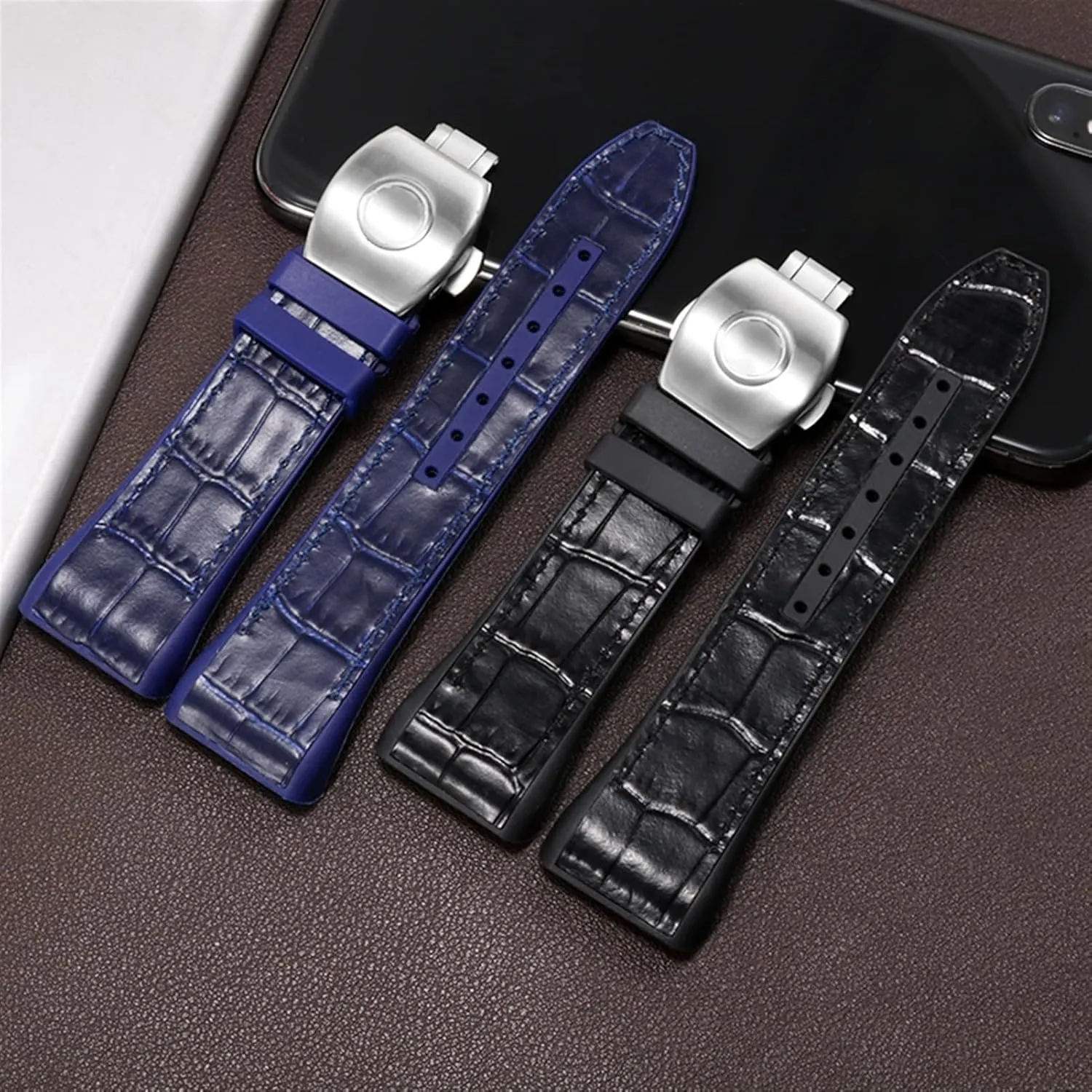 chondrule troop Nylon Genuine Leather Silicone Watchband Black Blue Folding Buckle Watch Strap for Franck Muller V45 Series 28mm 