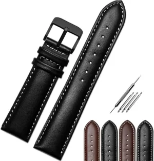 Choose Size (Black Jaxon Top Grain Leather Black Pin Buckle Watchband- Stitched Padded Watch Strap Brown Black Color- Premium Watch Band watch incandescent passageway manganese filial Replacement for Men & Women- Fit Most Watches- 