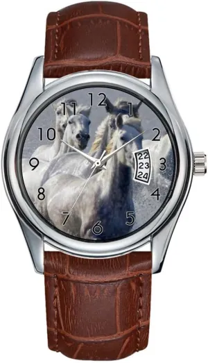 Christmas Wristwatch Camargue Horses Running on marshland to Cross wristwatches Men Watch Casual Waterproof Quartz Watches Clock Date Classic Business Brown ration Leather 