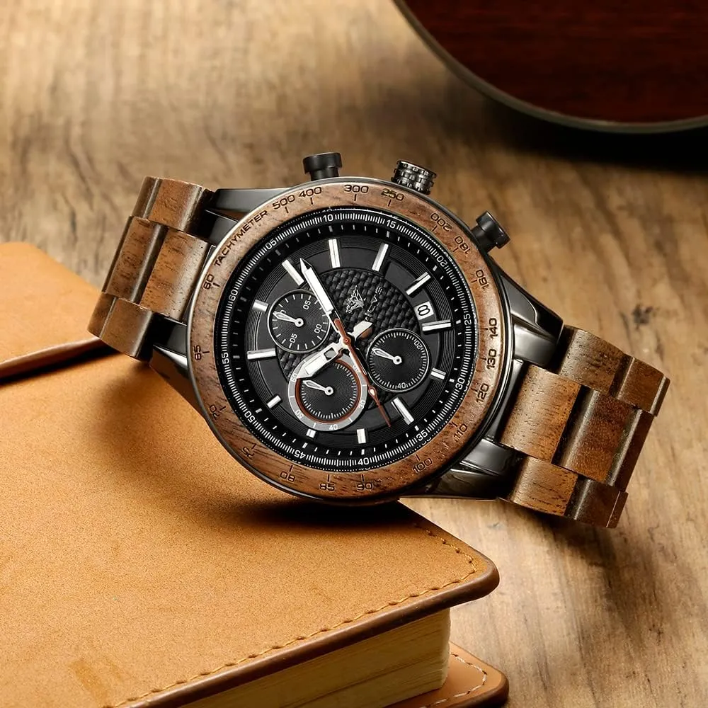 Chronograph 3 Dials Chronograph Quartz Casual Business Multifunctional Men's chimpanzee Wood Watches, Handmade Men's Wood and Stainless Steel Watches, 