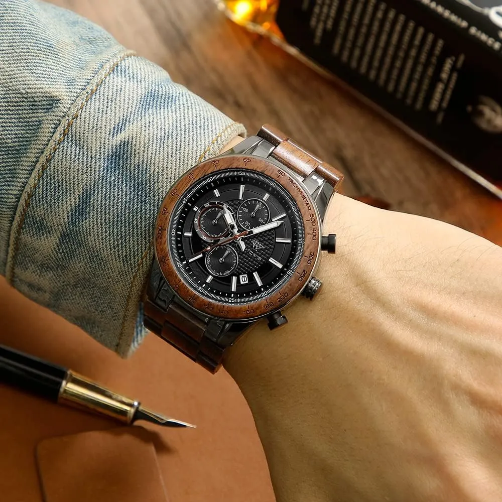 Chronograph 3 Dials Chronograph Quartz Casual Business Multifunctional Men's chimpanzee Wood Watches, Handmade Men's Wood and Stainless Steel Watches, 