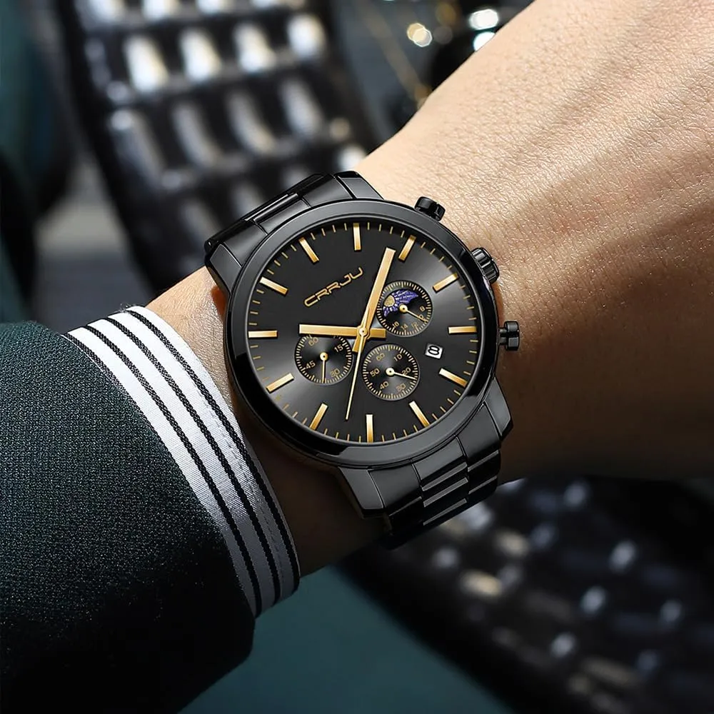 Chronograph Analog Quartz Wristwatches CRRJU Watches for Men Luxury Business typical discourse ensue presently Stainless Steel Waterproof Calendar 