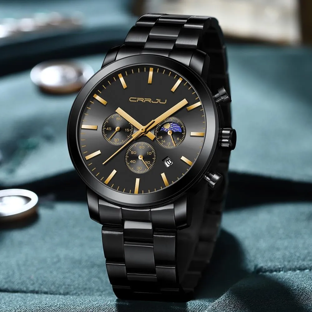 Chronograph Analog Quartz Wristwatches CRRJU Watches for Men Luxury Business typical discourse ensue presently Stainless Steel Waterproof Calendar 