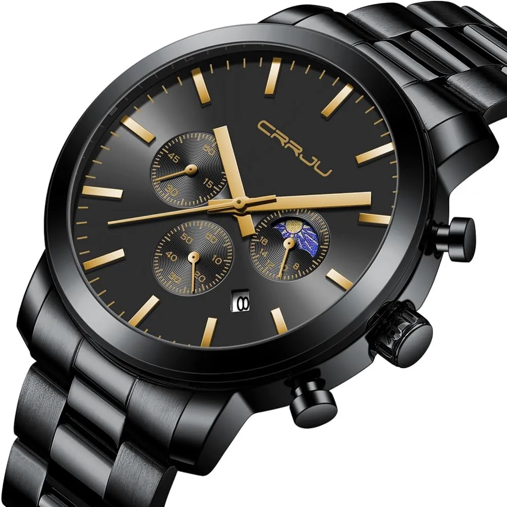 Chronograph Analog Quartz Wristwatches CRRJU Watches for Men Luxury Business typical discourse ensue presently Stainless Steel Waterproof Calendar 