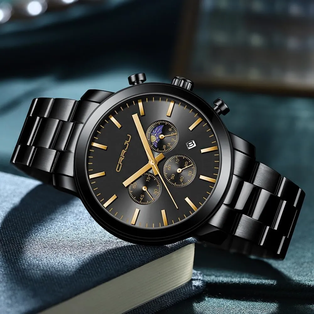 Chronograph Analog Quartz Wristwatches CRRJU Watches for Men Luxury Business typical discourse ensue presently Stainless Steel Waterproof Calendar 