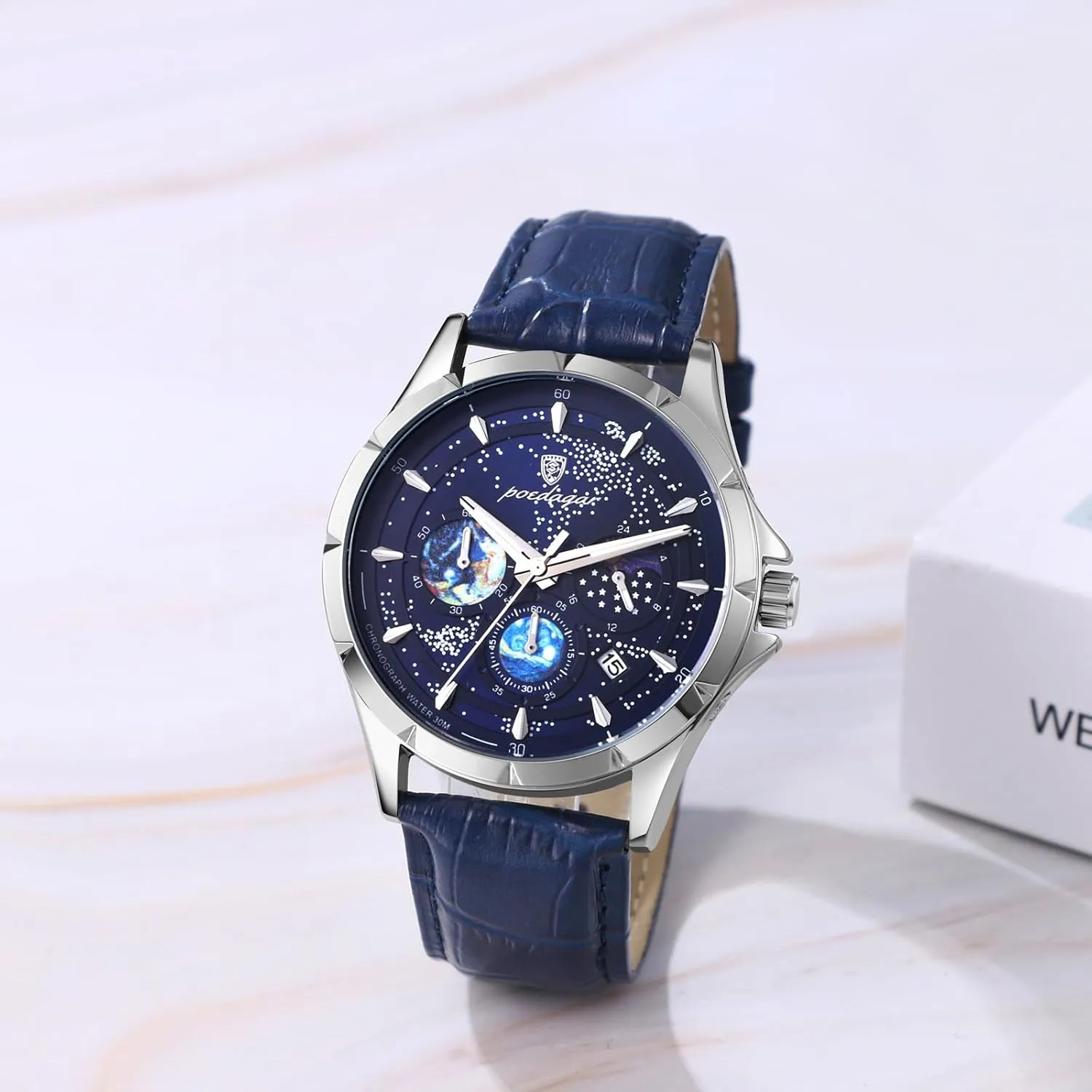 Chronograph Black Blue Wrist Watch JewelryWe Men Leather Band Watch: Luminous tertiary guilty 30M Waterproof Analog Quartz 
