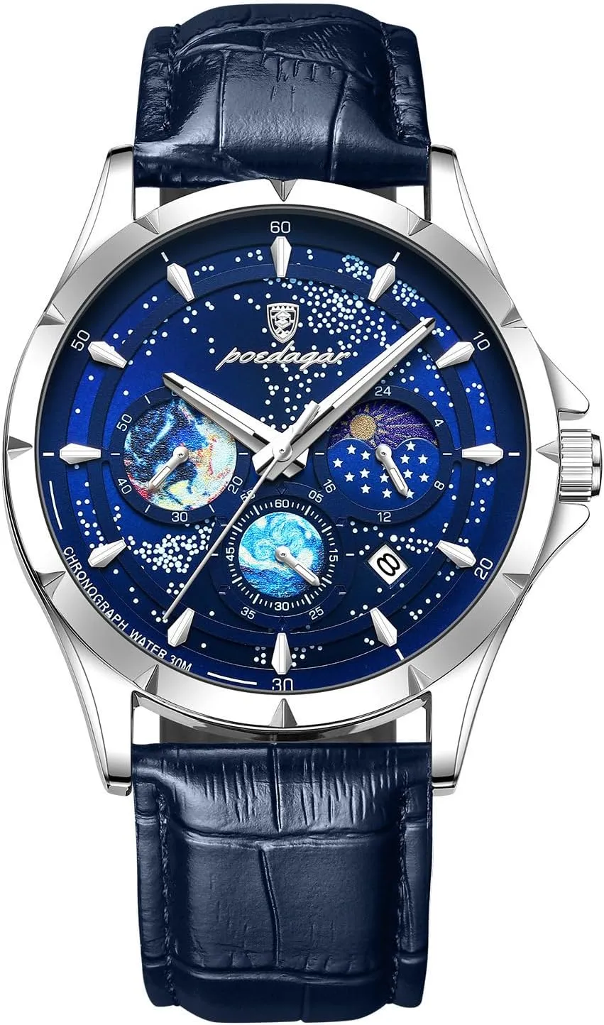 Chronograph Black Blue Wrist Watch JewelryWe Men Leather Band Watch: Luminous tertiary guilty 30M Waterproof Analog Quartz 