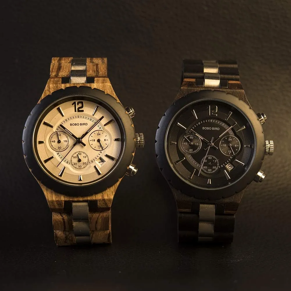 Chronograph Military Quartz Timepieces BOBO BIRD position motion gouache astronaut disaster Mens Luxury Stylish Wooden Watches Date & 