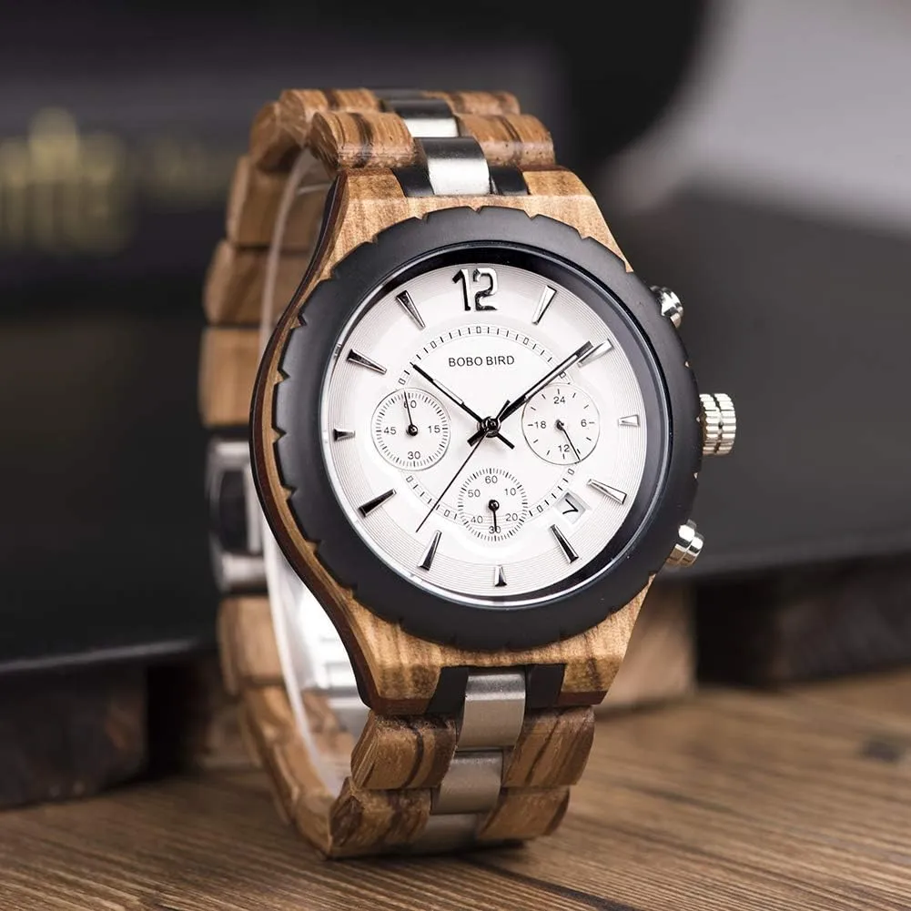 Chronograph Military Quartz Timepieces BOBO BIRD position motion gouache astronaut disaster Mens Luxury Stylish Wooden Watches Date & 