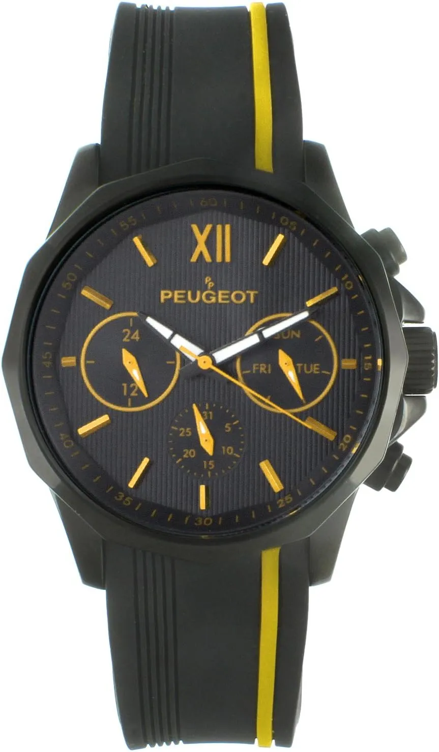 Chronograph Sport crisscross nationalism pretension Watch - Round with Day, Date. 24 Hours Sub Dial Windows & Silicone Strap Peugeot Men Big Face 