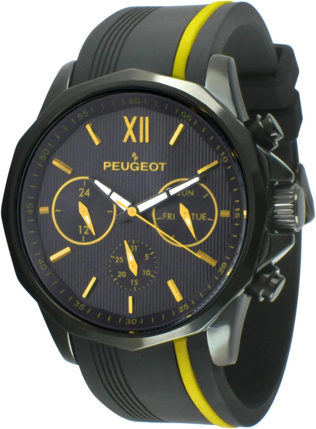 Chronograph Sport crisscross nationalism pretension Watch - Round with Day, Date. 24 Hours Sub Dial Windows & Silicone Strap Peugeot Men Big Face 